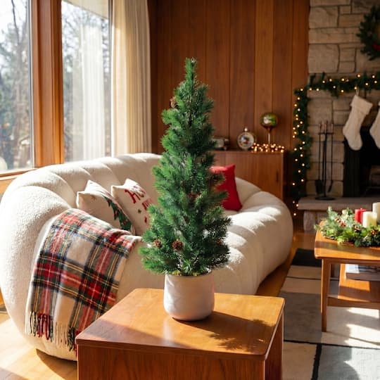 Nearly Natural 20" Unlit Artificial Christmas Tree with Pinecones in White Ceramic Planter